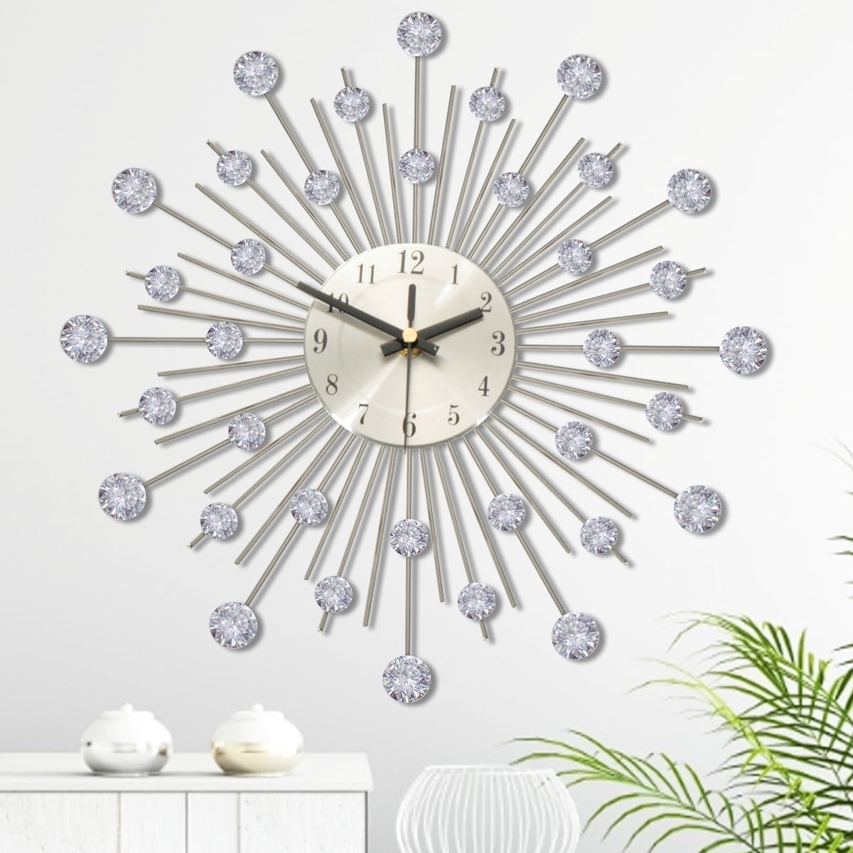 Modern Wall Clock Silver Metal Crystal, Beaded Mirror Wall Clocks