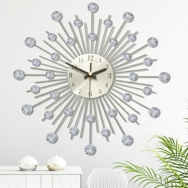 Modern Wall Clock Metal Crystal Effect Sunburst Quartz Wallclock Clear Diamante Crystal Beaded Jeweled Home Deco