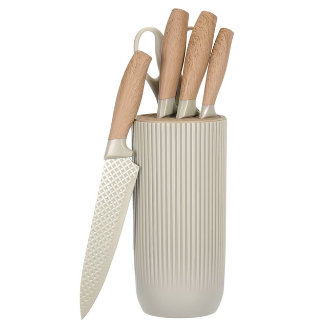 Kitchen Knife Set with Block, 6 Pcs Stainless Steel Knife Block Set for Chefs, Khaki