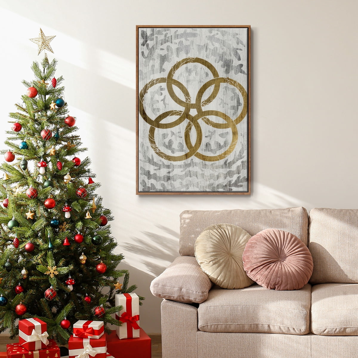 Five Golden Rings - Gold Leaf Holiday - Framed Gallery Wrapped Holiday Canvas - 25 x 37 - Rosewood Frame