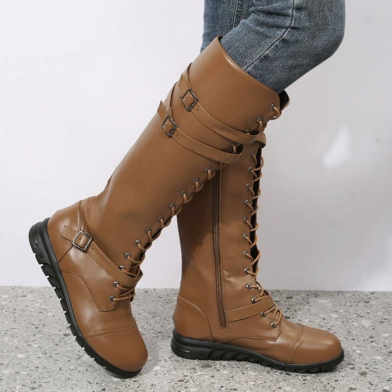 CBGELRT Knee High Boots for Women Fashion Lace Up Side Zipper Long Boots Flat Bottom Belt Buckle Leather Riding Boots Womens Shoes 37 Walmart
