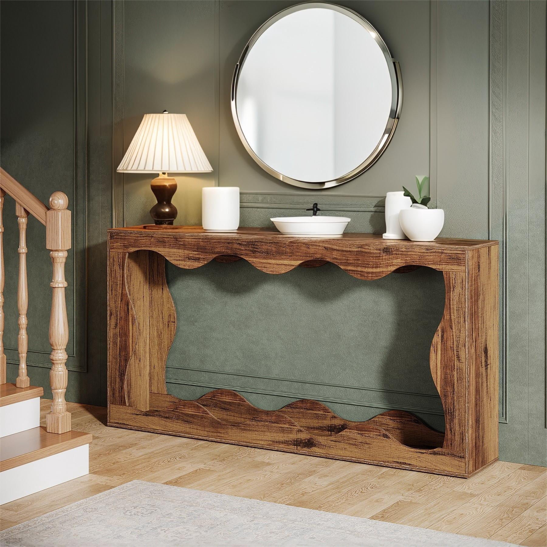 Fnova 63" Long Farmhouse Console Table for Entryway, Wave-Shaped Wood Entryway Table, Sofa Table for Living Room, Dark Brown