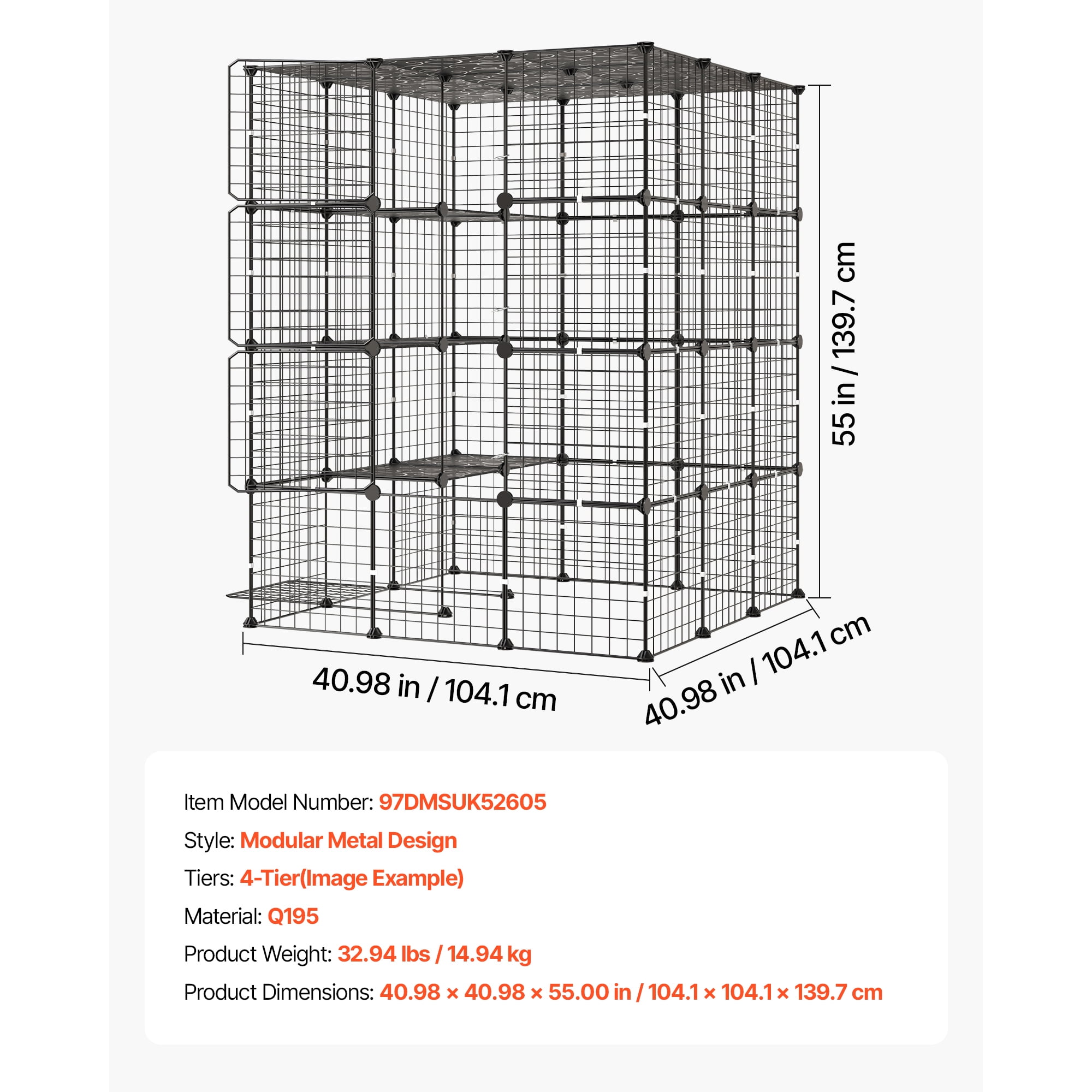 KFFKFF 4-Tier Cat Cage 40.98"x40.98"x55" DIY Indoor Playpen, Detachable Metal Wire Enclosure with 4 Doors, Spacious Exercise Area for 2-3 Cats, Kittens, or Small Pets, Black