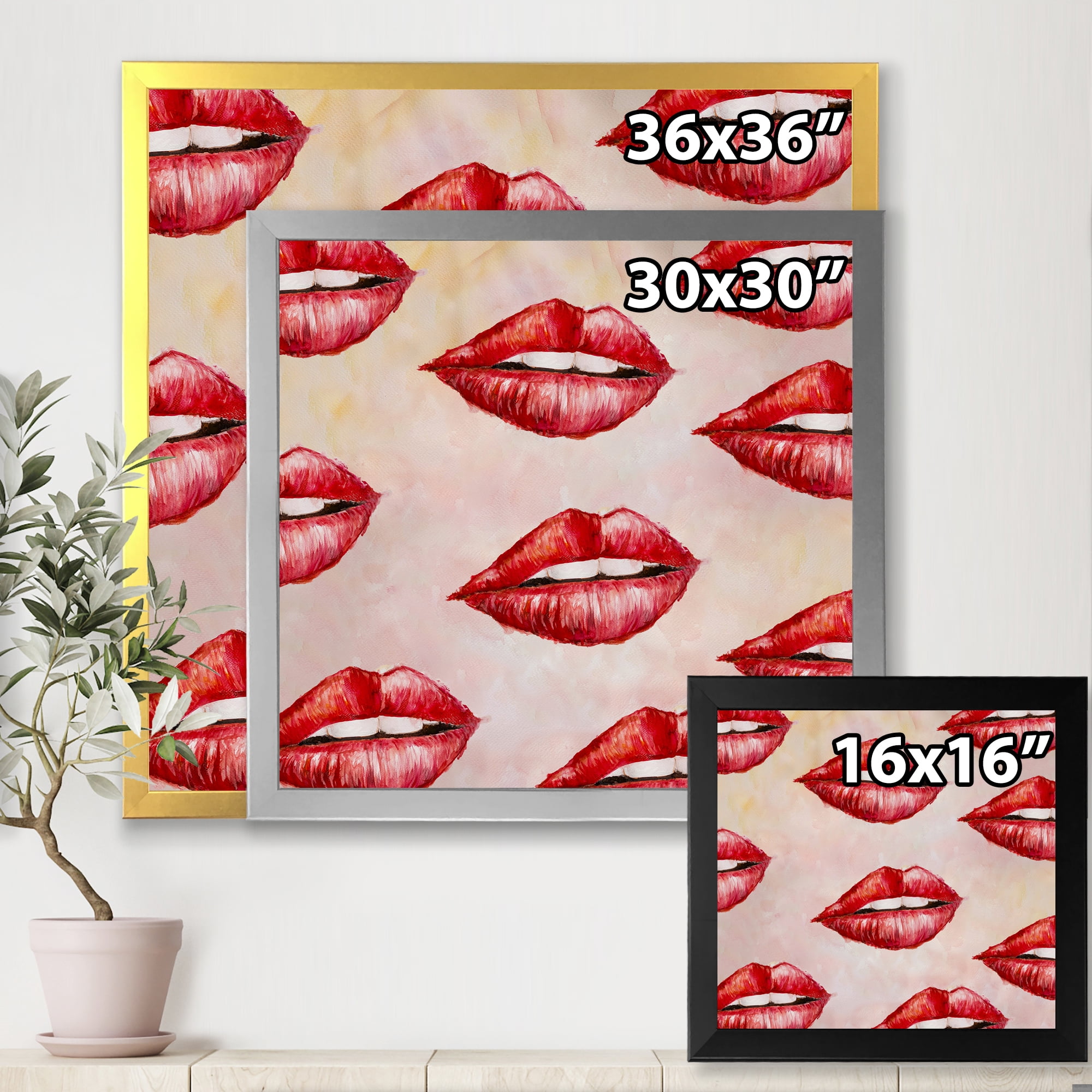 Designart 'Red Girl Lips Pattern' Modern Framed Art Print