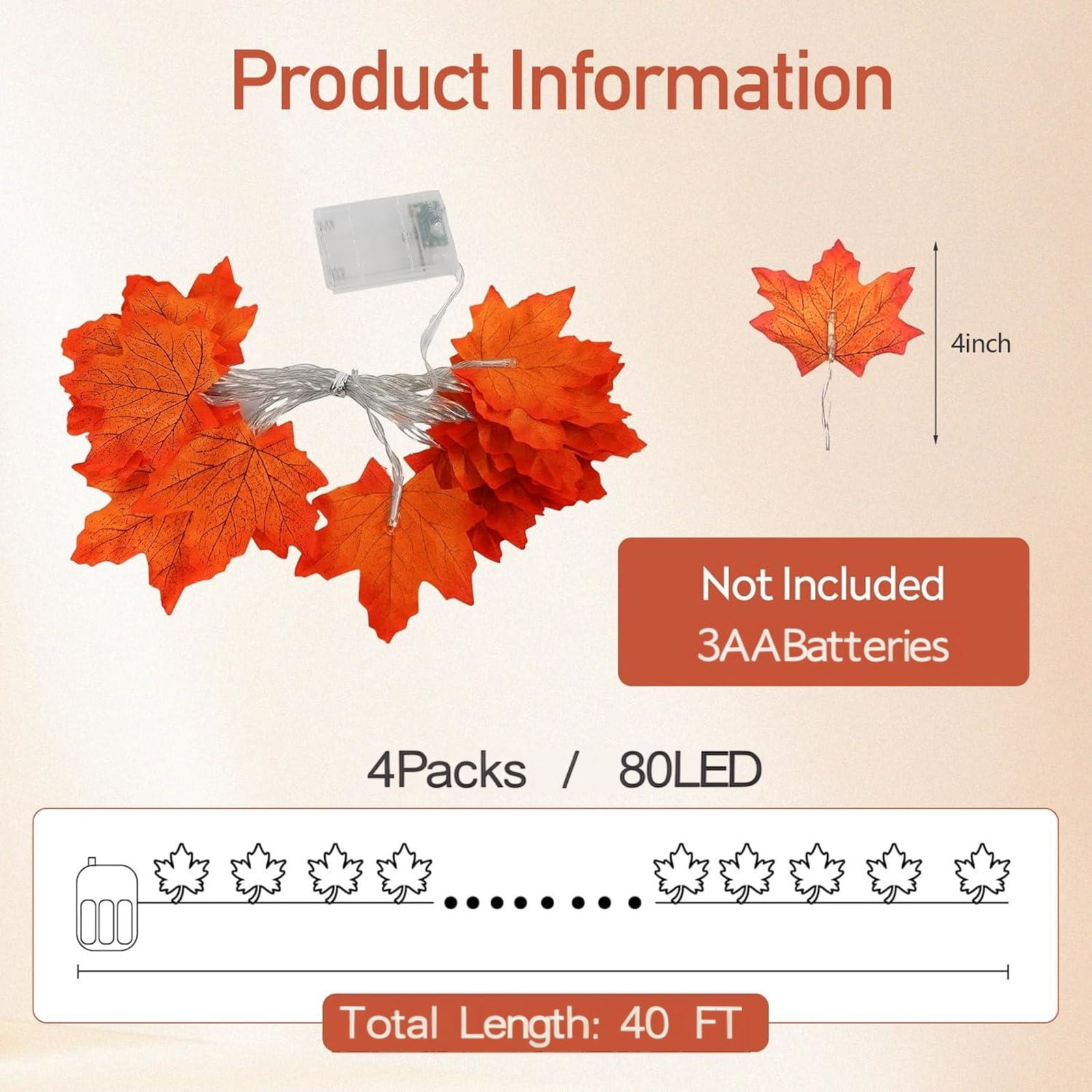 4 Packs Fall Decor Maple Leaves String Lights, Waterproof Total 40Ft 80 LED, Battery Operated String Light for Home Mantel Porch Door Indoor Outdoor Halloween Thanksgiving Decor Christmas Decorations