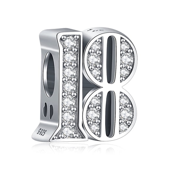 NINGAN Sparkling S925 Clear Pave Number 18 Bead Charm for Women Moment Charm Bracelet