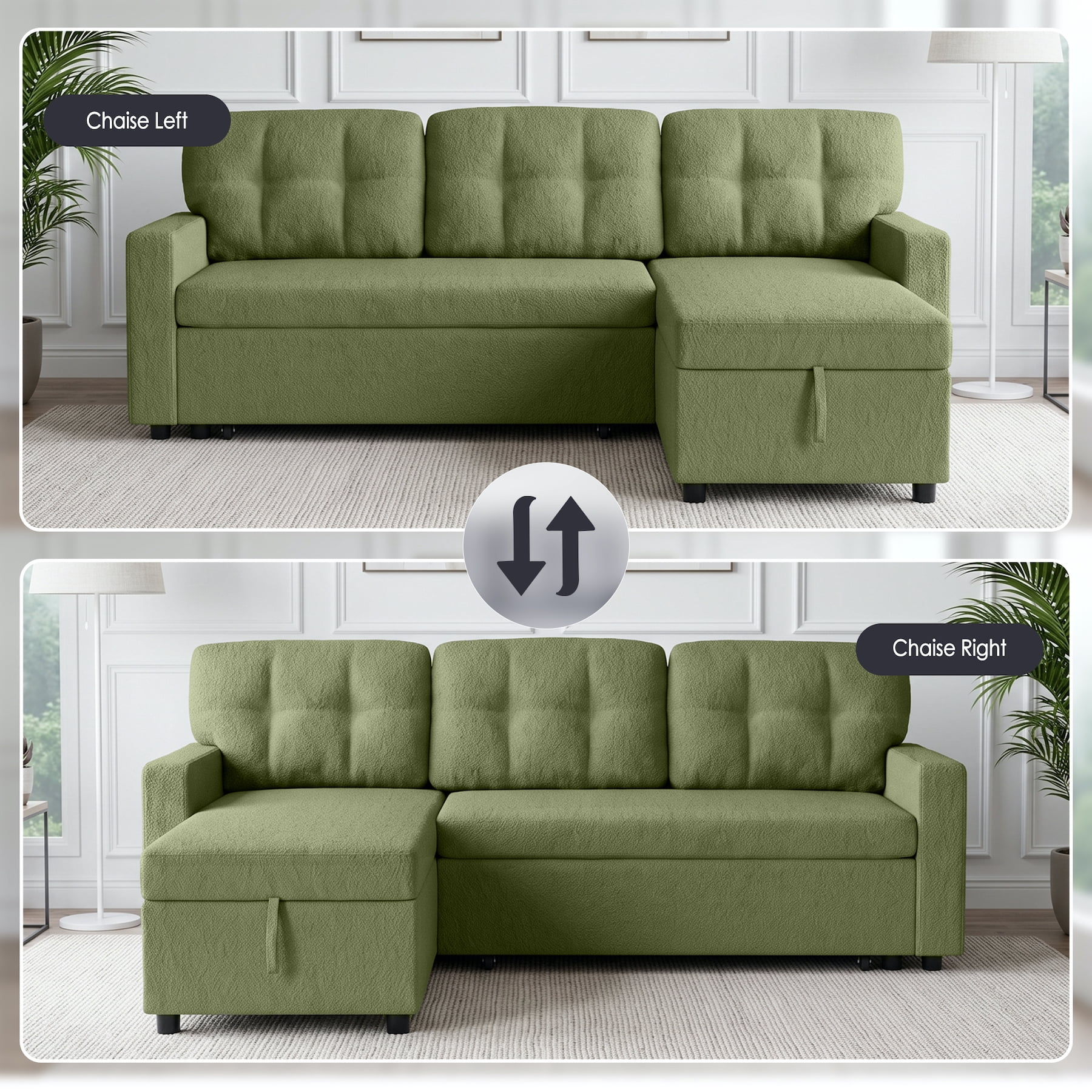 Xiweot Convertible Sleeper Sofa Bed, 82" L Shaped Sectional Couch with Pull Out Bed, Storage Chaise & Reversible Lounge, Teddy Fabric Compact Sectional Sofa for Living Room Apartment (Green)