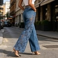 thumbnail image 7 of Women's Boho High Waist Flare Jeans Hollow Lace Patchwork Wide Leg Denim Pants Scalloped Hem Casual Y2K Streetwear Fashion Bottoms Blue, 7 of 7
