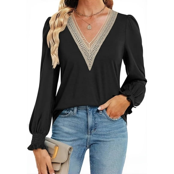 Blusa informal de manga larga con escote en V y encaje para mujer