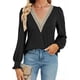 thumbnail image 1 of Blusa informal de manga larga con escote en V y encaje para mujer, 1 of 6