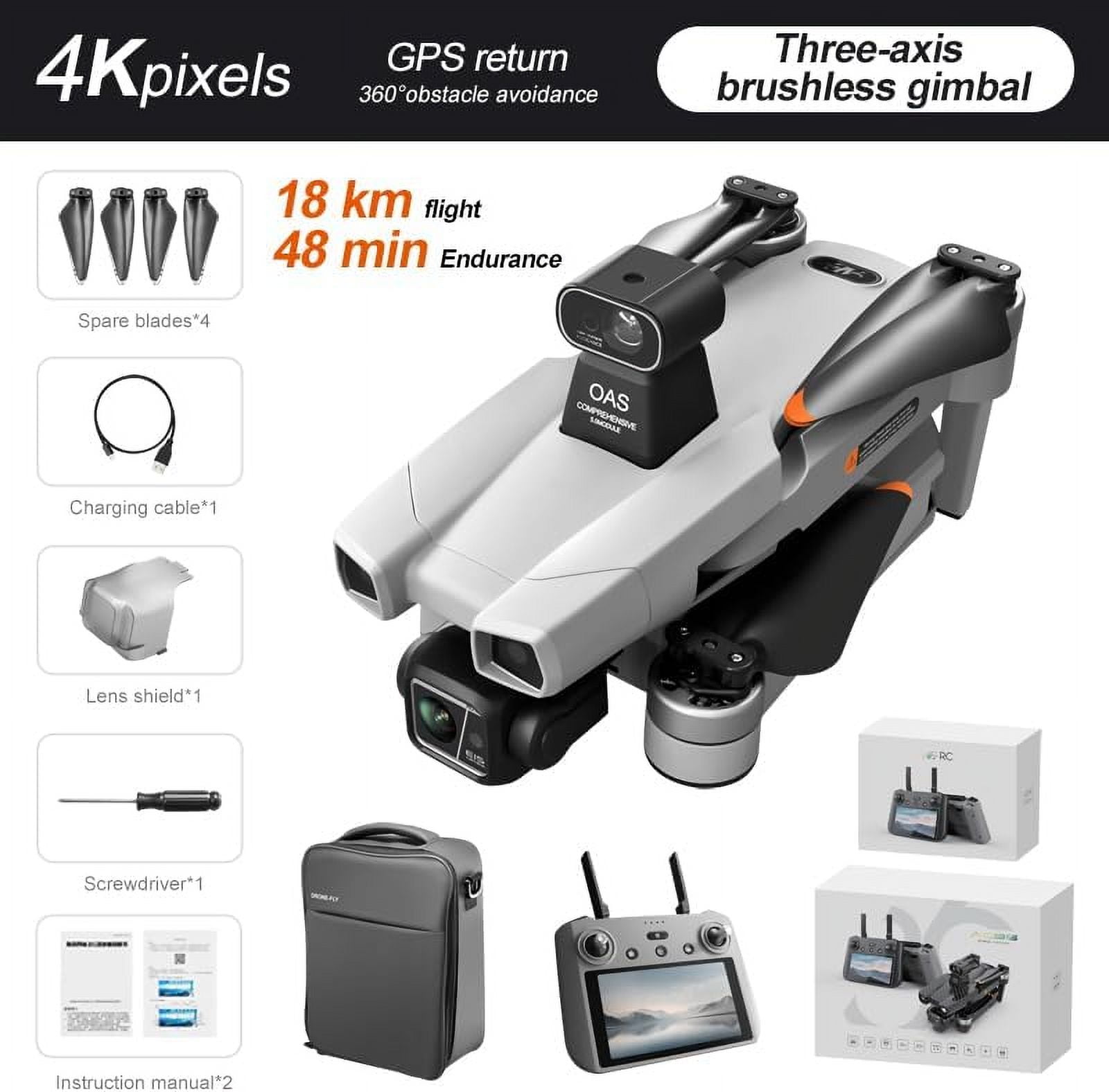 AE86 Pro Max Screen Control Aerial Drone with Obstacle Avoidance, 48-Minute Flight Time, 3-Axis Stabilized Gimbal, Aerial Camera, Black/Grey