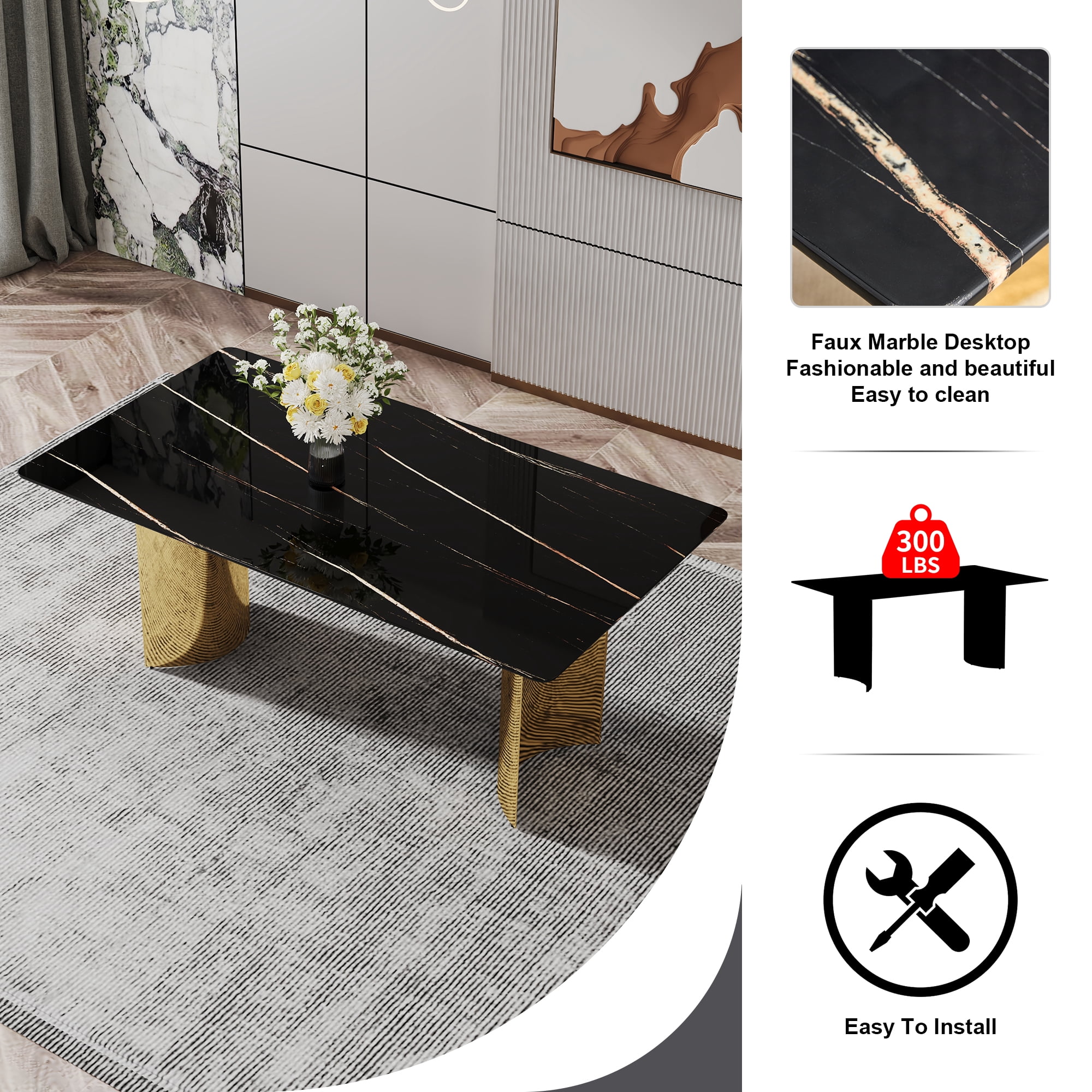 TesNus 71" Modern Dining Table for 6-8, Black Marble-Style Glass Tabletop with Gold Chrome-Plated Stainless Steel Base for Kitchen and Dining Room