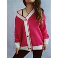 thumbnail image 5 of Women'S Contrast Color Button Down Sweater Oversized V-Neck Ribbed Knit Coat Cardigan Rose Red M, 5 of 8