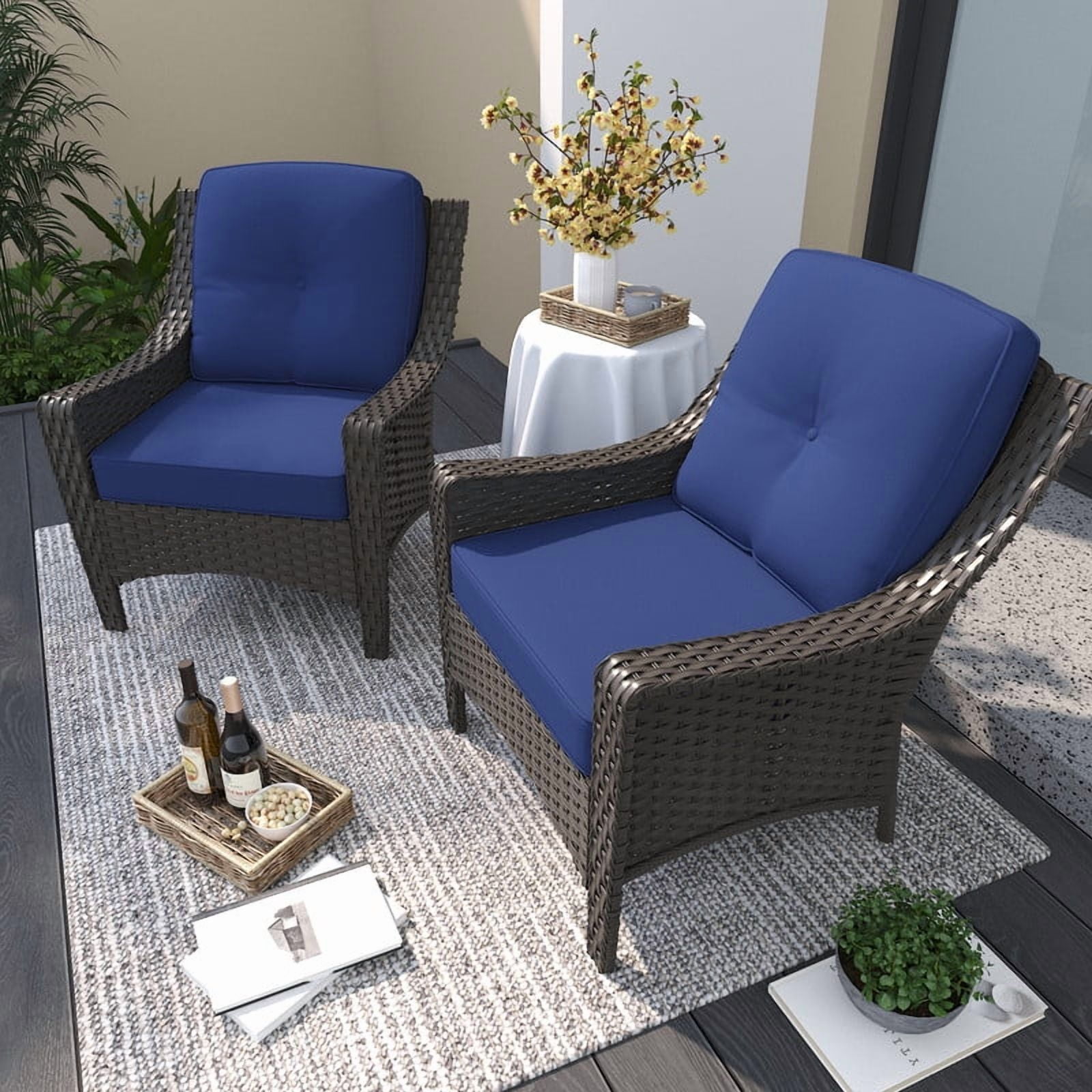 GAZEBETER 2-Pack Patio Chairs,PE Rattan Chairs with Thick Cushions,All-Weather Waterproof Outdoor Furniture Single Chairs for Porch,Poolside or Backyard (Blue)