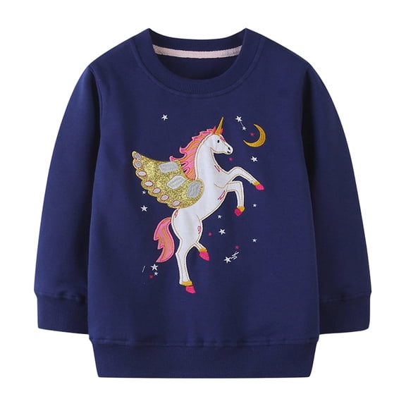 Vdoaml Girls Crewneck Sweatshirt Kids Pullover with Unicorn Embroidery Children Long Sleeve Casual Fall School Tops 5-6 Years Navy
