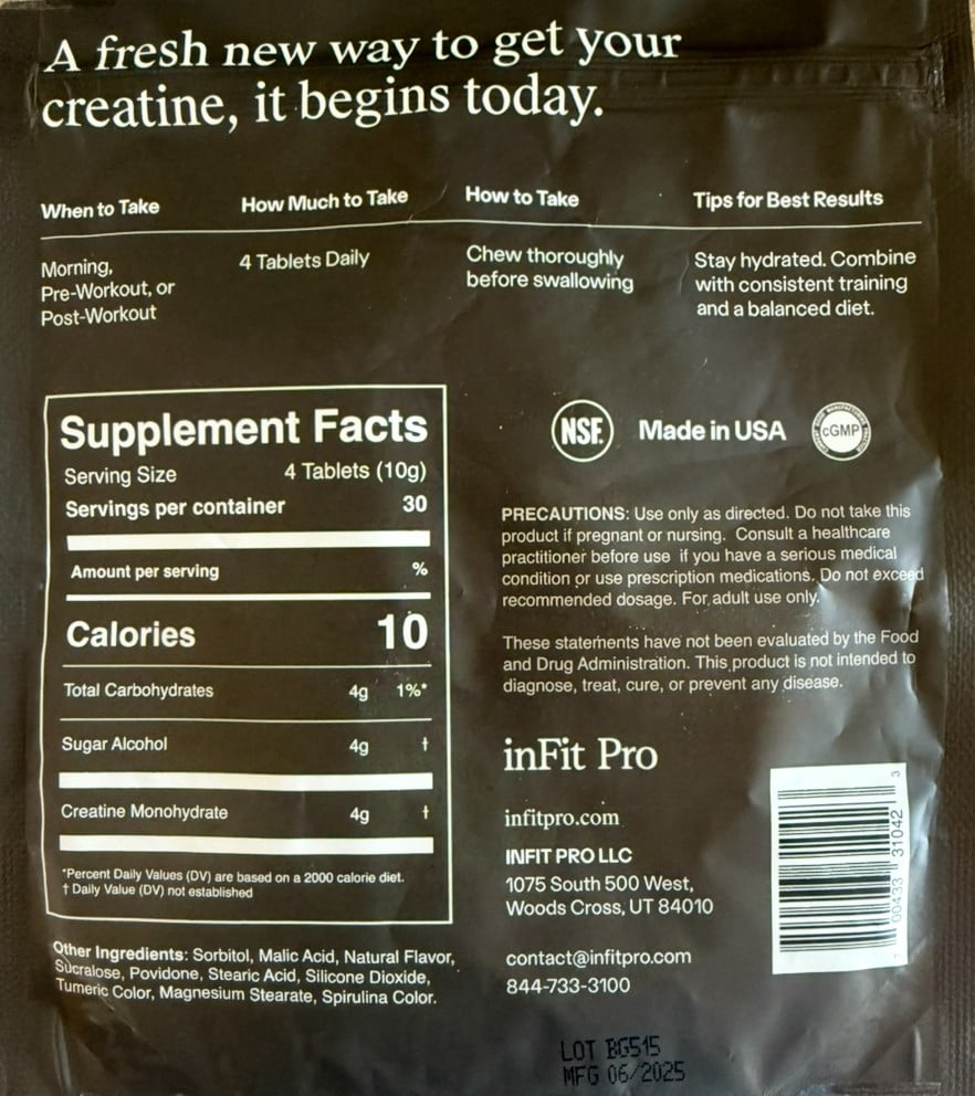 INFIT PRO Creatine Monohydrate Chewable Tablets Sour Apple Flavor GMP Certified 120 Count