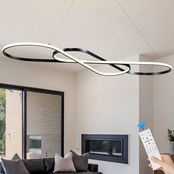 56" Long Modern LED Chandelier for Kitchen Island Remote Black Control Dimmable LED Pendant Light for Dining Room Light Fixture Over Table Modern Kitchen Island Lighting
