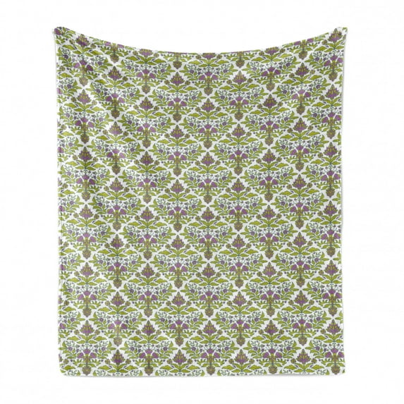 Damask Soft Flannel Fleece Throw Blanket, Floral Vintage Victorian Oriental Curly Blooms Royal Style Design, Cozy Plush for Indoor and Outdoor Use, 50" x 70", Yellow Green Fuchsia, by Ambesonne