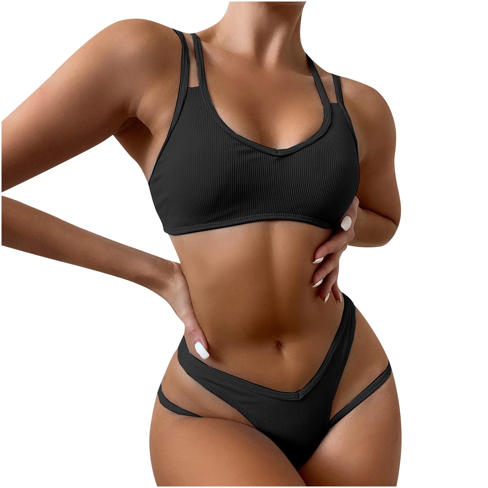 Rqyyd Reduced Womens V Neck Bikini Set Double Shoulder Straps Two Piece Swimsuit Solid Cutout Bathing Suit(Hot Pink,L), Women's, Size: Large