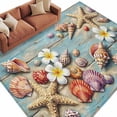 thumbnail image 2 of Summer Coastal Washable Living Room Rugs 6'x9', Beach Starfish Conch Flower Blue Wood Board Low Pile Throw Large Area Rug Non-Slip Sturdy Edge Binding Carpet for Dining Room Kitchen Office, 2 of 9