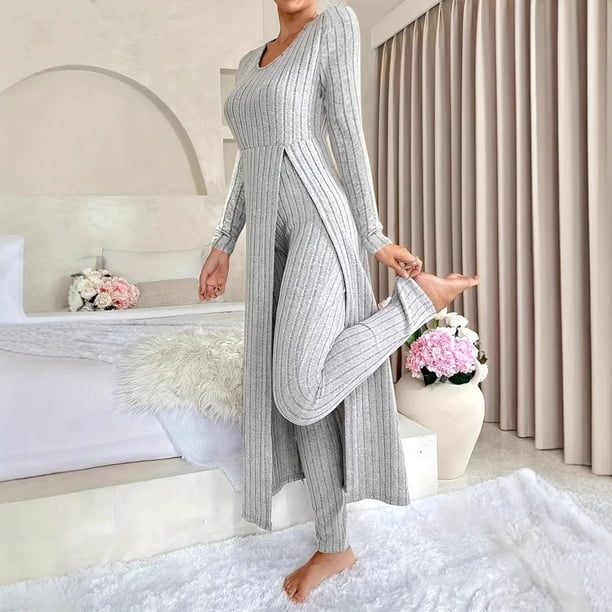 Pincandy Women's Solid Color Pajama Set - Crew Neck Long Sleeve Top & Pants, Casual & Comfortable for Homewear
