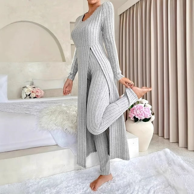 Pincandy Women's Solid Color Pajama Set - Crew Neck Long Sleeve Top & Pants, Casual & Comfortable for Homewear