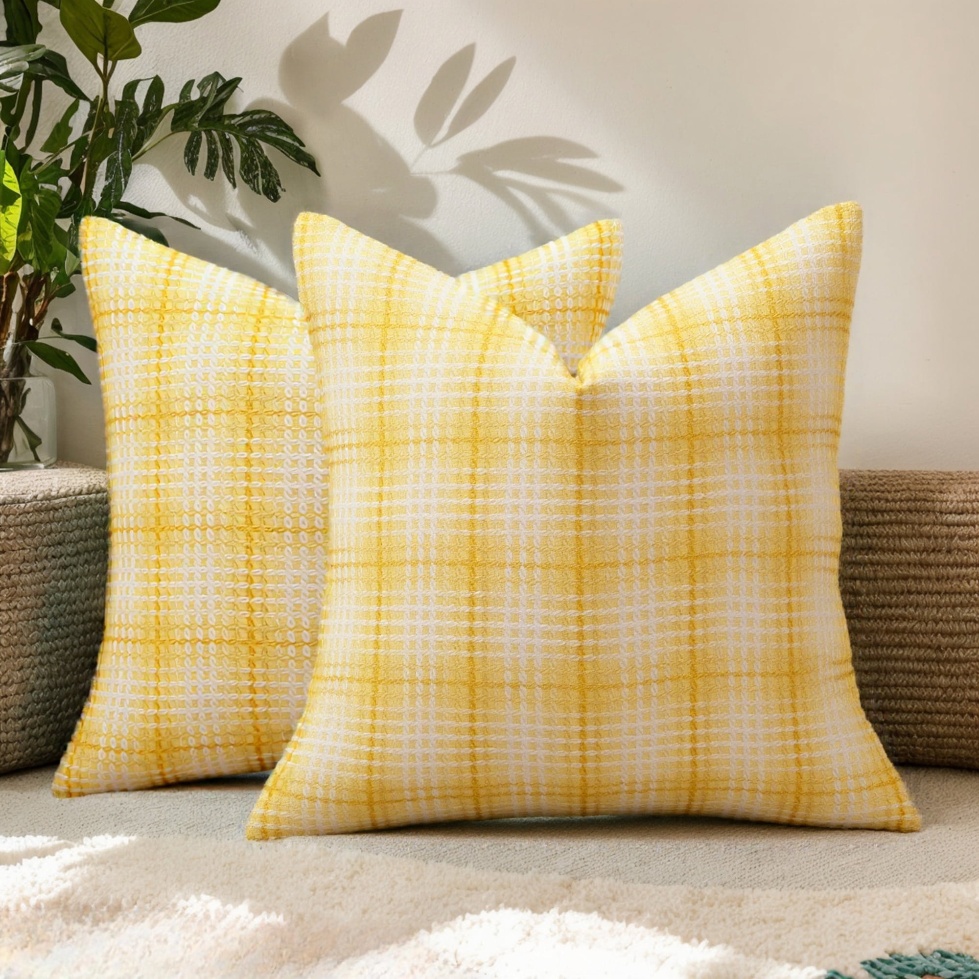 Unique Bargains Plaid Decorative Throw Pillow Covers Pack of 2 Yellow 20" x 20"