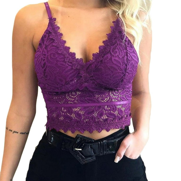 Mlqidk Top for Women Sexy V Neck Strappy Sleeveless Camisole Lace Bralette  Bra Crop Cami Tank Tops,Purple L