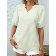 thumbnail image 6 of Womens Short Puff Sleeve Striped Blouses Top V Neck Loose Fit Casual Summer Work Blouses Striped Shirt Light Green M, 6 of 8