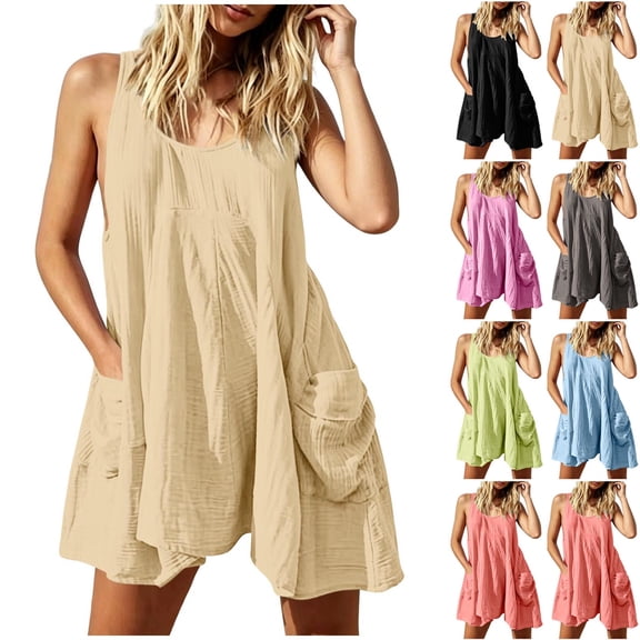 Nmnitkp Women's Crinkle Sleeveless Tank Dress, Round Neck Tie Back Loose A-Line Mini Dress with Pockets, Casual Summer Dress for Beach, Vacation & Daily Wear Beige,S