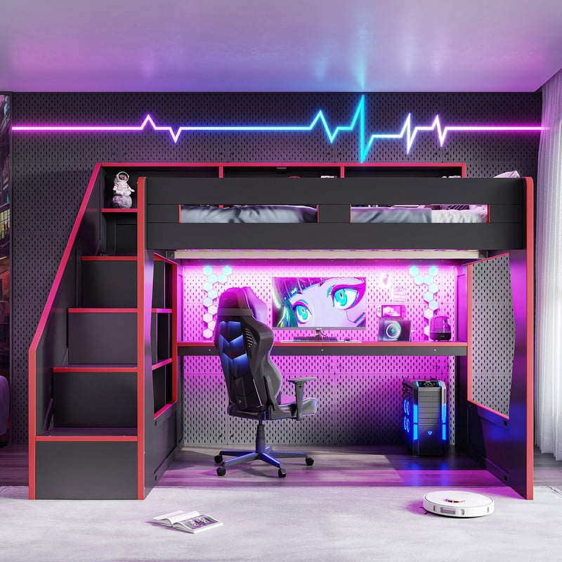 Full Size Teens Gaming Bed Frame with Storage Stair & Open Headboard Shelves, Wood Loft Bed with LED Light & Power Outlet Desk