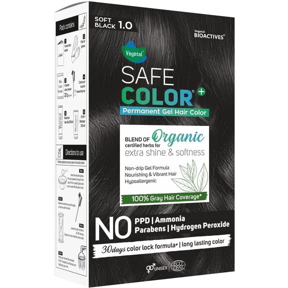 Vegetal Safe Color+ Organic Permanent Gel Hair Color Soft Black 1.0-70ml. 100% Grey Coverage Herbal Hair Dye with Natural Shine & Softness