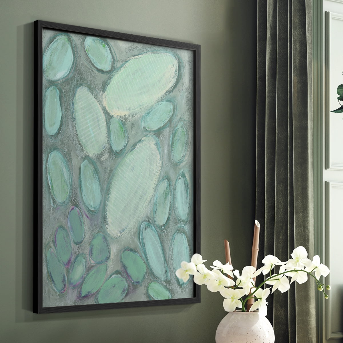 Blue Orbs II Framed Print in Black Solid Wood Framed Print No Nail Hanging