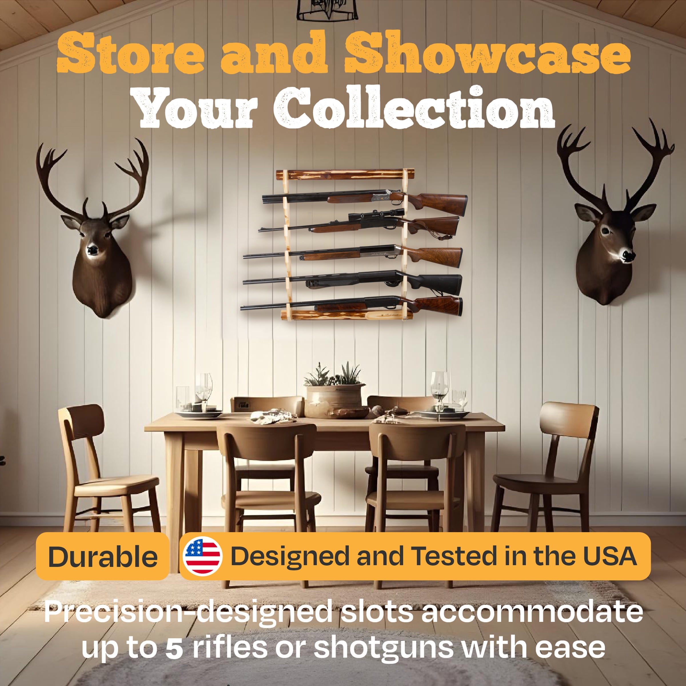 Rush Creek Creations Indoor 5-Gun Wall Rack, Pine Finish, Rifle/Shotgun Storage Display
