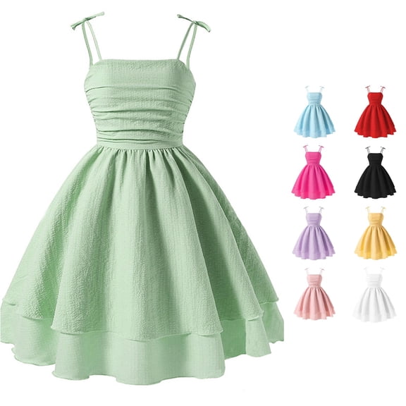 ANINEO Casual Summer Dresses For Girl Kids Sleeveless Solid Color Bowknot Spaghetti Strap For Little Girls Comfort A-Line Swing Layered Bow Tie Shoulder Flowy Cami Mini Dres Vacation Dress
