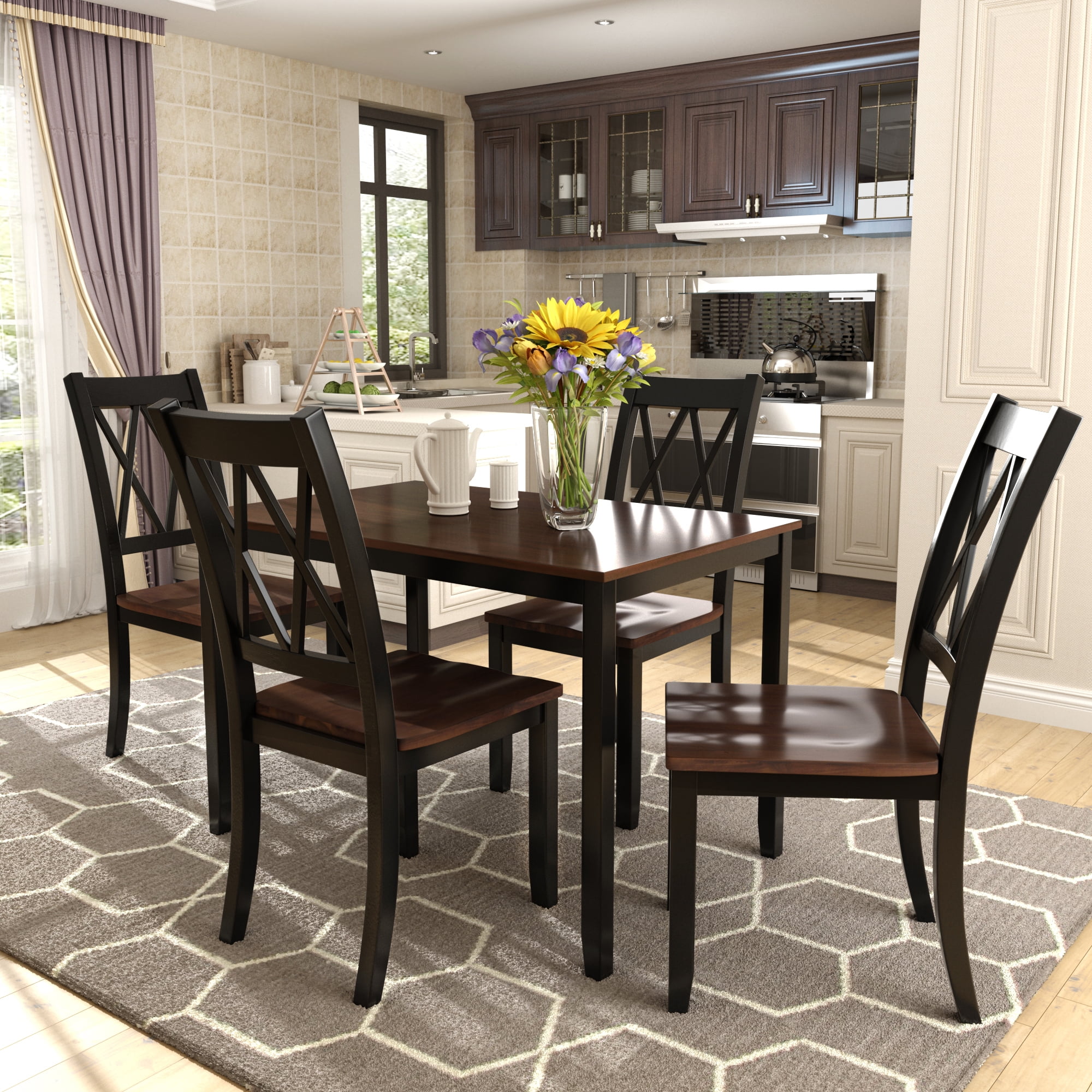 Kitchen Table and 4 Chairs Set, Wood Dinette Set Solid Acacia Wood