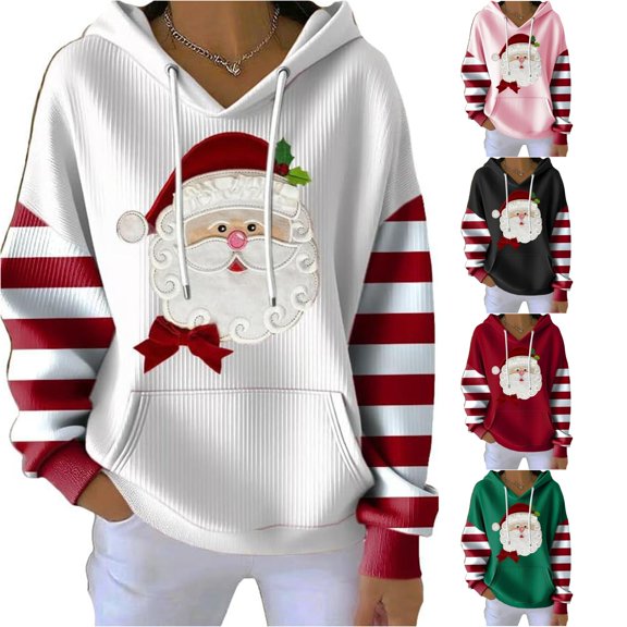 CAIVO Sweatshirts Women Ribbed Hoodie Soft Comfort Adjustable Drawstring Front Pocket Cute Santa Face Print Striped Sleeve Patchwork Pullover Hoodie Christmas Holiday Casual Streetwear Holiday Tops