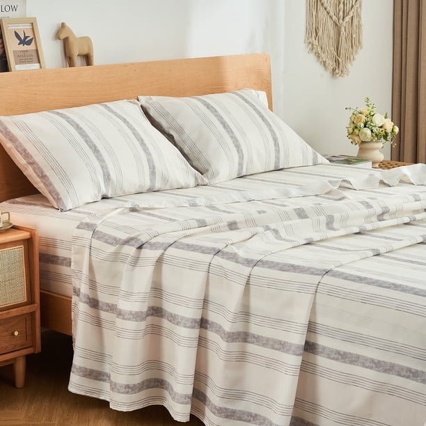 Gogreen Juego de Sábanas Dobles de 3 Pzas con Bolsillo Profundo para 14 Pulgadas, Juego de Sábanas de Microfibra Transpirable Súper Suave de Tamaño Doble, Juego de Decoración Del Hogar - Rayas Grises