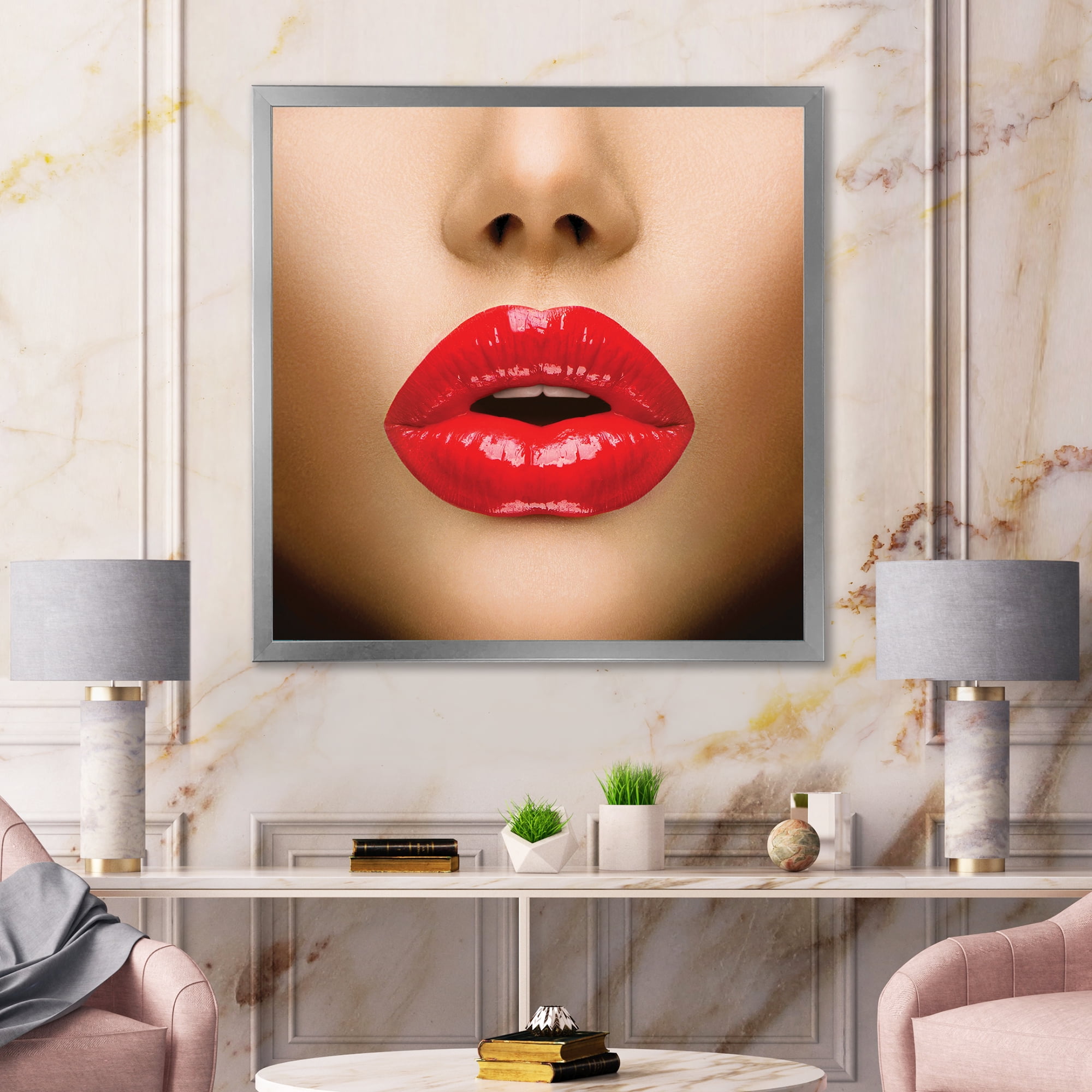 Designart 'Sexy Woman Lips Beautiful Make-Up Close-Up Kiss' Modern Framed Art Print
