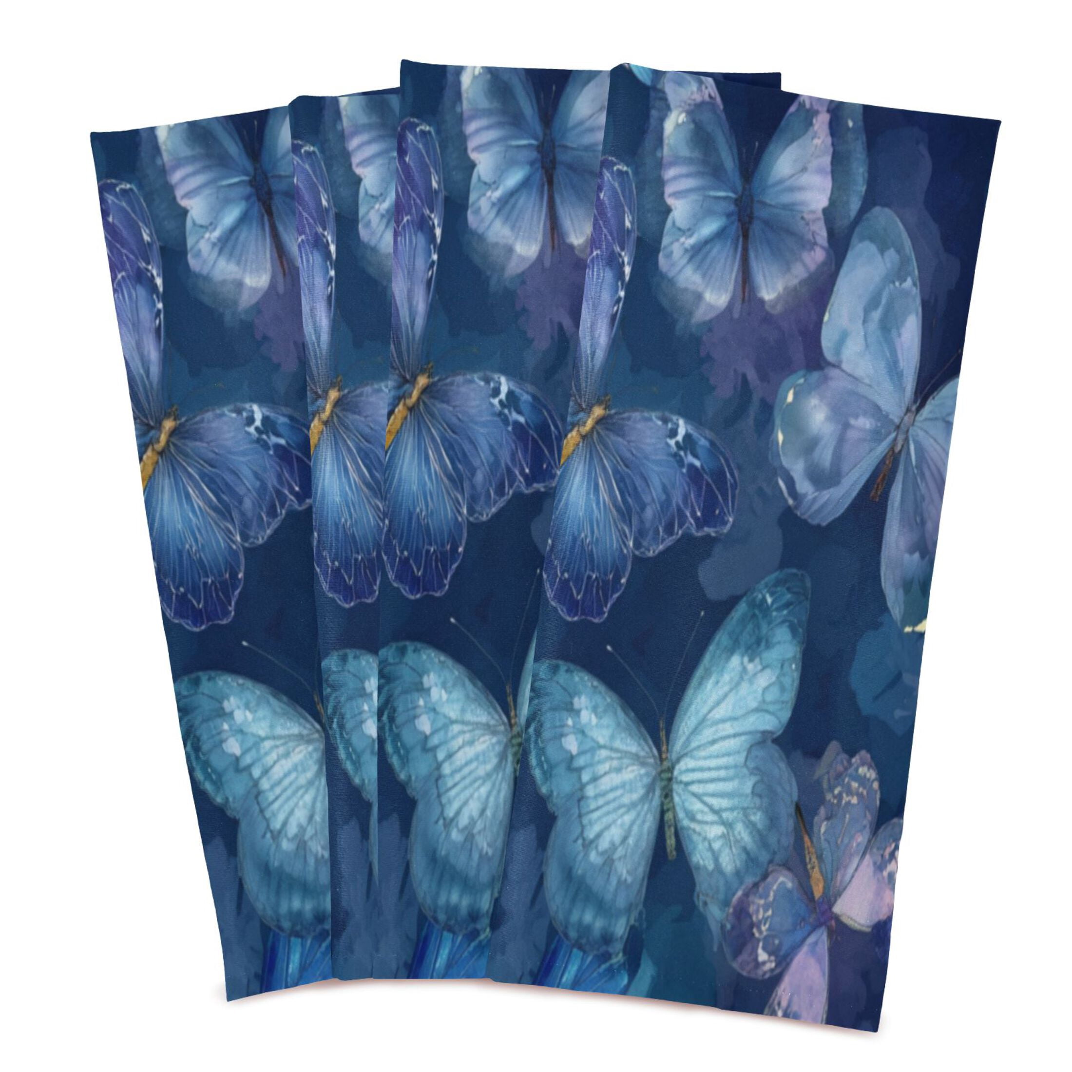 Qxltty Pretty Blue Butterfly Kitchen Towels 28 x 18 Inch Set of 6 Soft Cotton Linen Feel Dish Towels with Hanging Loop for Drying, Cleaning & Decor