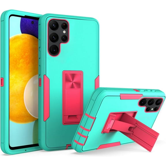 for Galaxy S22 Ultra Case with Kickstand, Magnetic Car Mount Dual Layer Soft TPU and Hard PC Rugged Shockproof Protective Cover Case, GreenRed