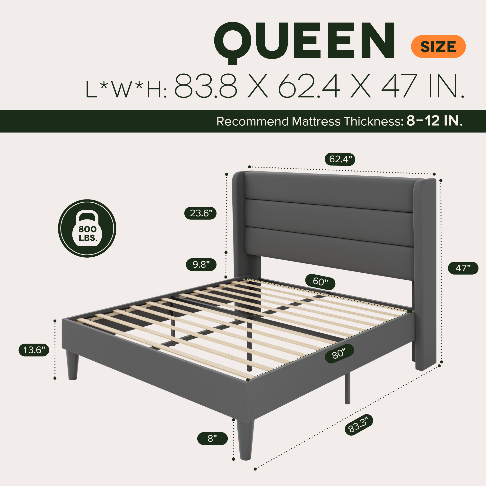 Einfach Queen Size Luxury Velvet Upholstered Platform Bed Frame with Wingback Headboard, Light Grey