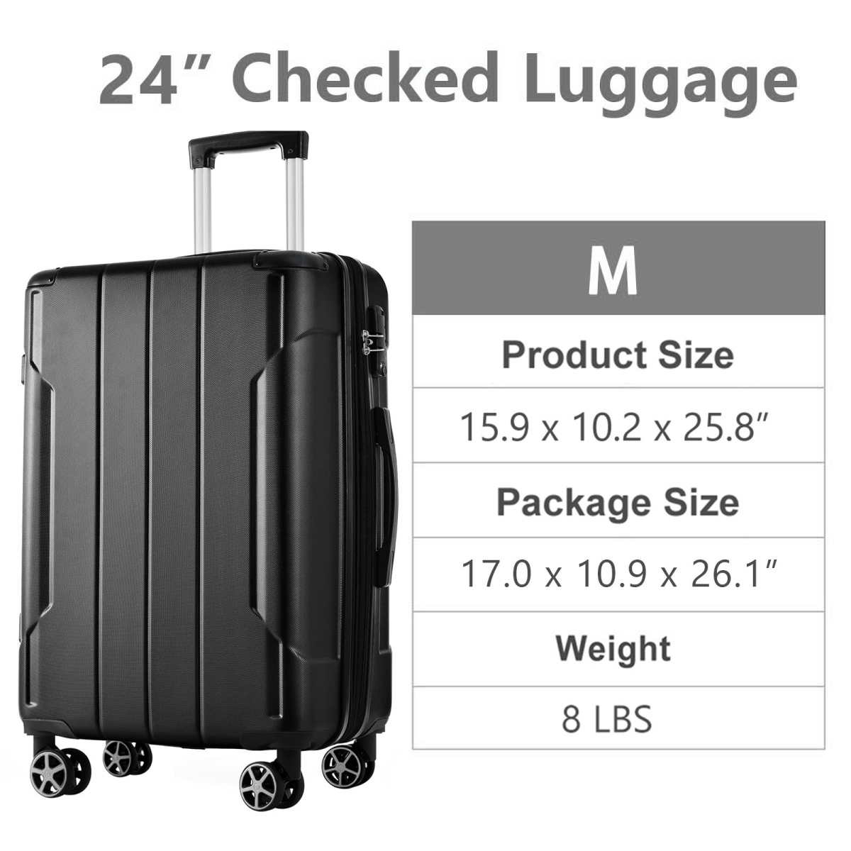 Hardshell Luggage, Lightweight Durable ABS Suitcases with Double Wheels, Expandable 24 Inch Checked Travel Luggage (Black)