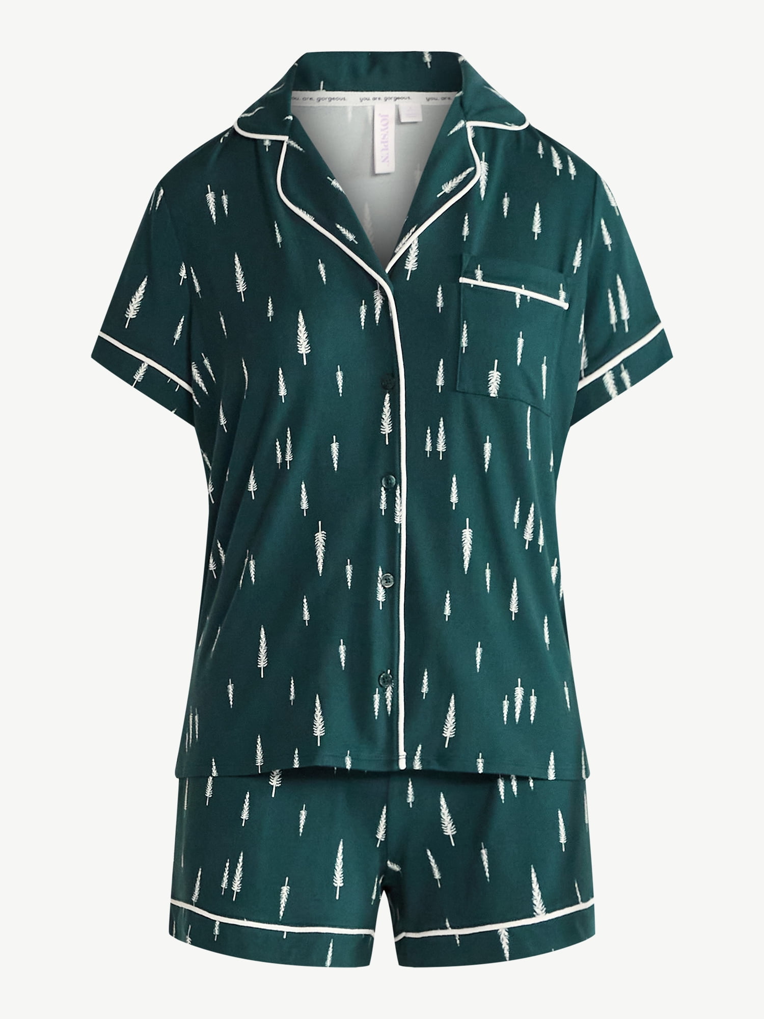Joyspun Women’s Dreamy Soft Collection Notch Collar Knit Top and Boxer Shorts Pajama Set, Sizes XS-3X