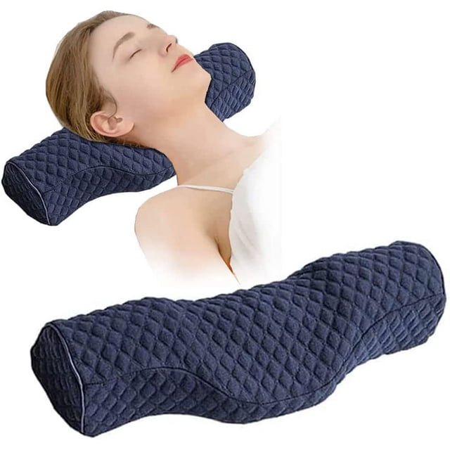 Almohada cervical para aliviar el dolor al dormir, almohada enrollable para el cuello, espuma viscoelástica para aliviar el dolor de cuello rígido, almohada de viaje para cama para personas que duermen de lado y boca arriba. (Azul) JM