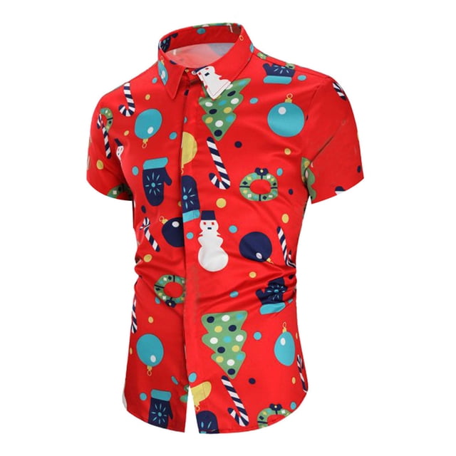 Fashnice Hauts pour Hommes Chemise de Noël à Manches Courtes Col à Revers Blouse de Noël Ajustée Chemises de Vacances Rouge m