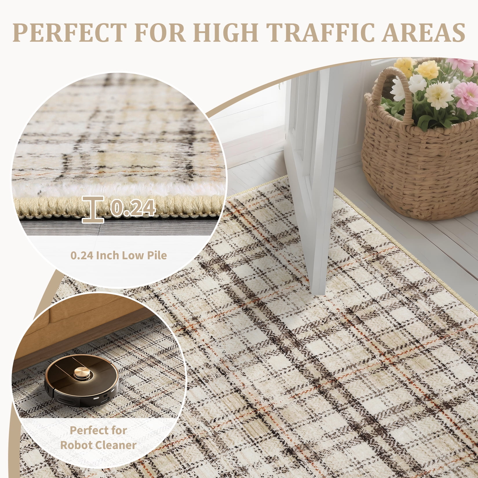Garvee Washable Rug 6x9 Modern Plaid Area Rug, Non Slip Stain Resistant Rug Geometric Carpet for Living Room Bedroom Home Office, Beige