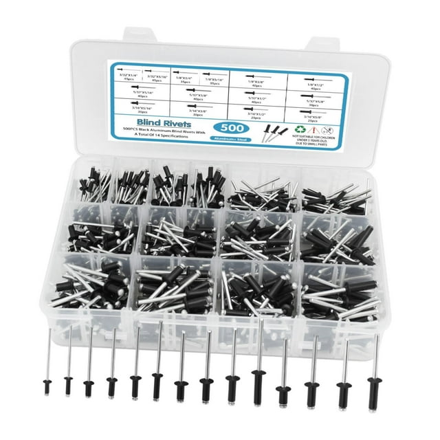 GUOOL 500Pcs Rivets Aluminum Steel Open End Rivets with Divider Labeled Case Black