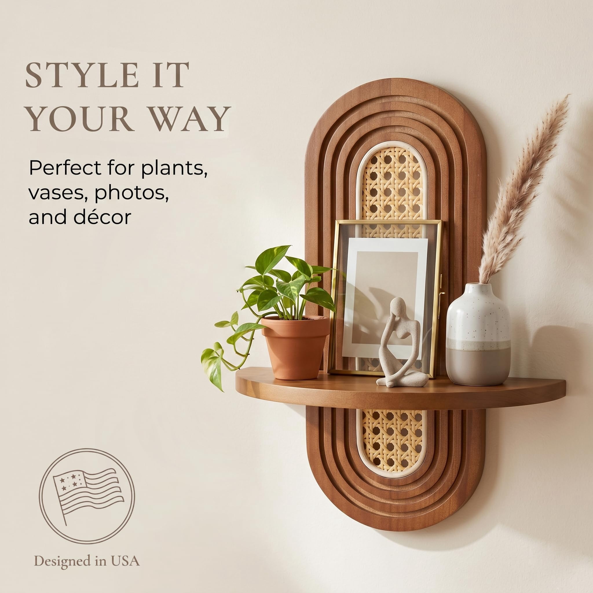 Rattan Wall Shelf for Plants, Floating Wall Shelves, Rattan Plant Display,   Natural Wood & Hand Woven, Durable and Sturdy Construction Unique Corner Wicker Shelf for Bathroom & Bedroom(Natural)