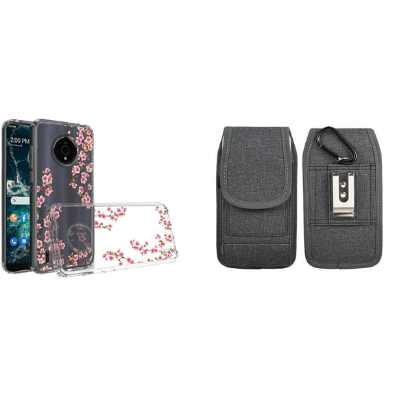 Case and Pouch Bundle for Nokia C200: Slim Series TPU Protector Case (Winter Jasmine Blossom) and Vertical Nylon Fabric Belt Holster (Grey)